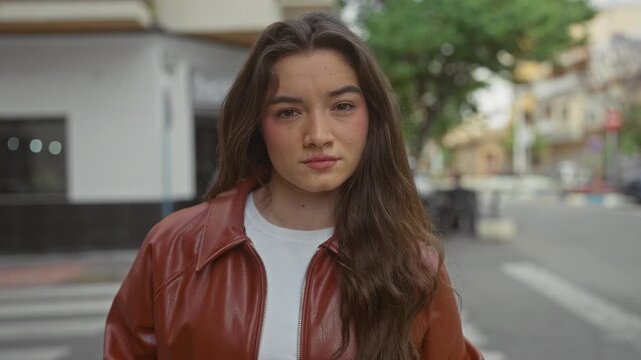 Young hispanic woman wearing a red leather jacket stands gazing sideways on a city street; calm reflection.