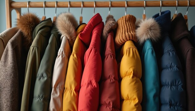 Diverse coats on hangers with warm textures, colors. Community support, winter preparedness, fashion, retail, shopping, clothes donation. Colorful jackets displayed in shop, retail store, market.