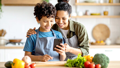 Mutter kocht mit Sohn und sucht ein Rezept im Internet mit dem Smartphone 