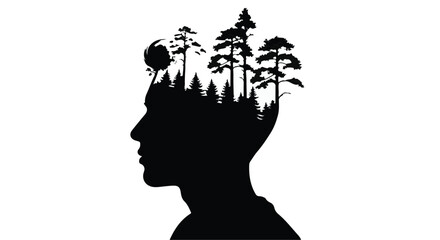 Silhouette of a man's head filled with a forest and a globe, representing environmental consciousness and global connection.