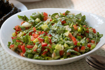 Fresh vegetable salad with on a white plate is a healthy green meal for lunch or dinner on a white background