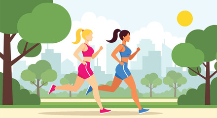 Flat vector of women jogging together in park at sunrise, friendship and active healthy lifestyle concept