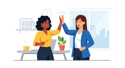 Flat design of women coworkers celebrating success in modern office with high-fives and coffee, teamwork and friendship concept
