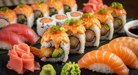Fiery and Delicious Sushi Roll Platter: Nigiri, Uramaki, Fresh Fish, Japanese Cuisine, Variety