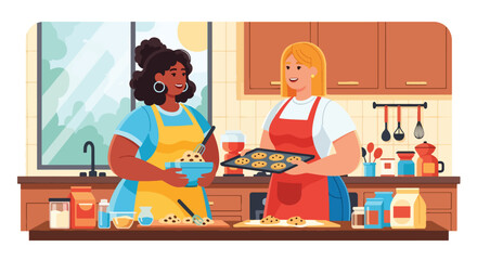 Flat vector of two women baking cookies together in modern kitchen, laughing and sharing stories, friendship and joy theme