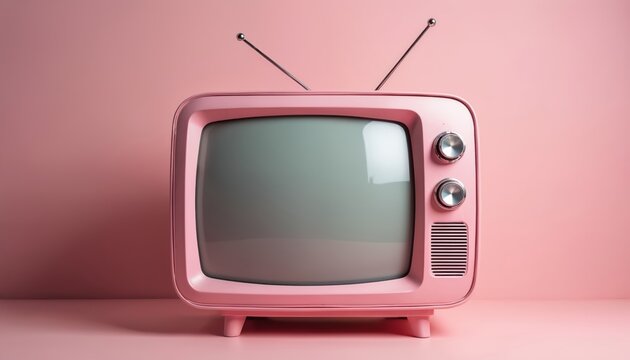 Retro pink television set with antennae, blank screen, and analog controls. Vintage electronic device on pastel background. Classic broadcast media object, evoking nostalgia and old technology.