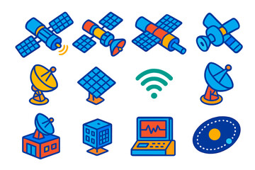 Fototapeta premium Satellite Technology Icons. Isometric vector illustration set Satellite Technology Icons: communication satellite, GPS satellite,