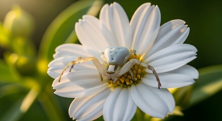 Fototapeta premium Tiny Predator: Goldenrod Crab Spider Waiting in White Daisy Flower Macro Close Up with Detailed Texture, Contrasting Colors, and Bokeh Background in Natural Sunlight Garden