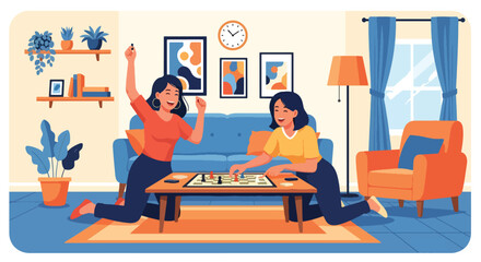Flat vector of women friends playing board games indoors, laughter, joy, and fun friendship togetherness