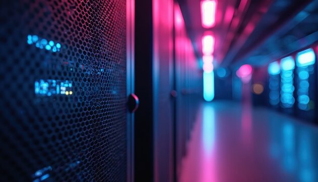Modern server room with glowing neon lights. Cyber security, data center, web hosting concept, infrastructure. Digital information storage, computing. Cloud services, data processing, communication - Powered by Adobe
