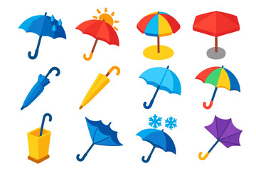 Obraz premium Vibrant Umbrella Icons. Isometric vector illustration set Umbrella and Weather Icons: open rain umbrella, umbrella with sun, beach