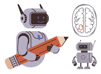 Robot holding pencil, standing beside a brain diagram, reflecting artificial intelligence, creativity, learning, and innovation. Ideal for education, technology, design cognitive science AI