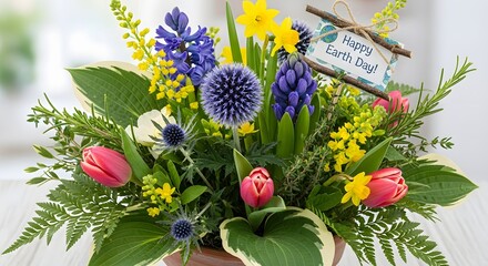 Happy Earth Day Floral Arrangement: Vibrant Bouquet with Spring Flowers and Greenery in Pot with Decorative Tag Celebrating Ecological Awareness and Nature