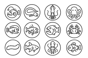Deep Sea Creature Icons. Line style icons of deep sea creatures in round shape: anglerfish, gulper eel, giant squid, dumbo octopus
