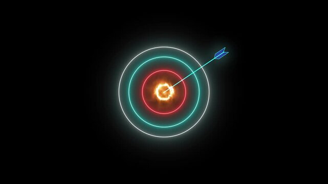 Neon target bullseye with flaming center and arrow hitting center glowing abstract background motion graphics