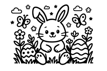 Playful Easter Bunny. A cute easter bunny in a playful scene with friendly details, black and white line art, children&rsquo;s coloring
