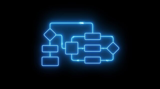 Neon blue glowing flowchart diagram animation with lightning sparks on black background representing business process workflow automation and decision making