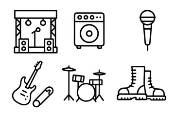 Obraz premium Underground Punk Icons. Line style icons of Underground Punk: Small Stage, Amplifier, Microphone, Guitar, Drum Set, Safety Pin,