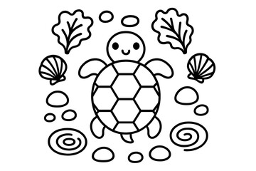 Obraz premium Turtle and Lettuce Mandala. Turtle in the center with lettuce leaves, shells, pebbles, and water ripples arranged in a balanced
