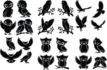 Owl Icon Set Nocturnal Bird Silhouette Vector Collection