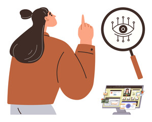 Woman gesturing toward magnifying glass visualizing data and monitoring concepts, with computer screen showcasing online profiles and analytics. Ideal for technology, security, analysis, data