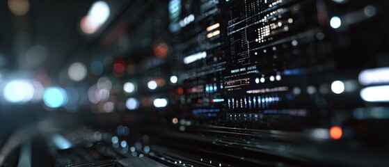 Abstract futuristic technology background with digital interface and bokeh lights, showcasing data visualization and cyber network concept