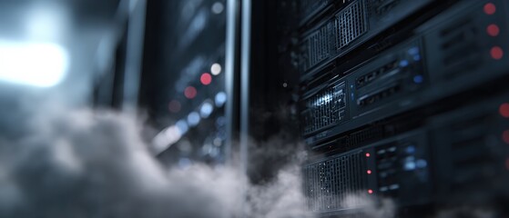 Cloud computing server room with fog, showcasing data center infrastructure and network security Concept of modern technology, cybersecurity, and digital transformation