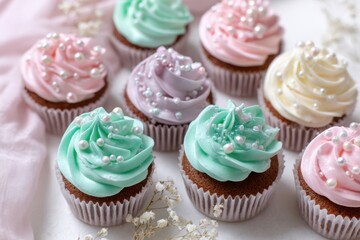 Mini Cupcakes with Pastel Icing and Sugar Pearls, Cozy Homemade Baking Scene on White Background