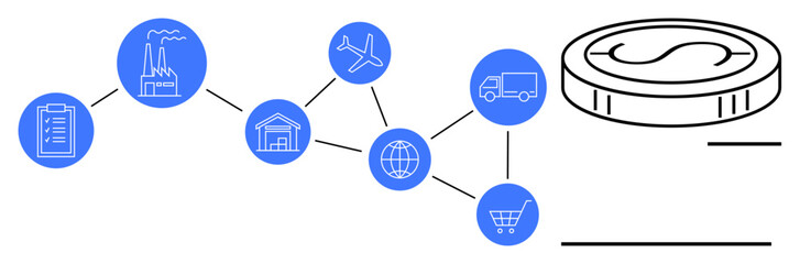 Factory, warehouse, airplane, truck, globe, cart, and money coin connected through a process chain. Ideal for logistics trade supply chain commerce transportation distribution finance. Simple