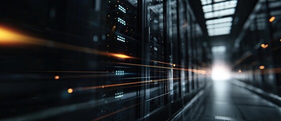 Modern data center with server racks and fiber optic cables transmitting data Concept of cloud computing, information technology, and network infrastructure