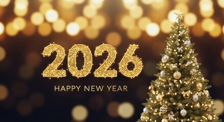 Christmas and New Year 2026 Celebration Scene with Tree and Lights