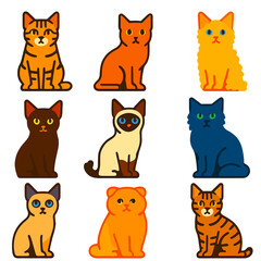 Obraz premium Flat Cat Breed Icons. Flat vector icons of cat breeds: American Shorthair classic tabby, Brazilian Shorthair low stance, LaPerm