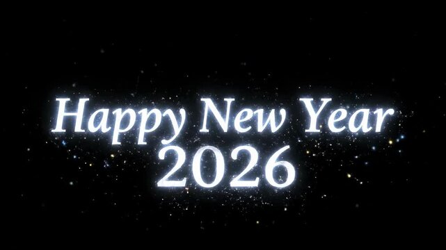 Happy New Year 2026 glowing particles animation dissolving into static text on a dark background footage