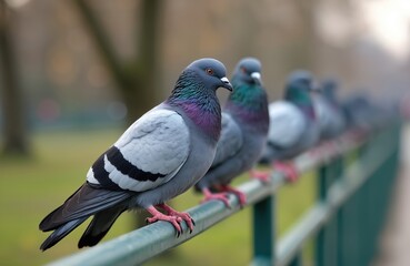 Group of pigeons perched on metal fence in park. Birds display grey ruffled feathers, iridescent neck plumage. Blurred background with trees, suggesting urban wildlife and peaceful nature scene.