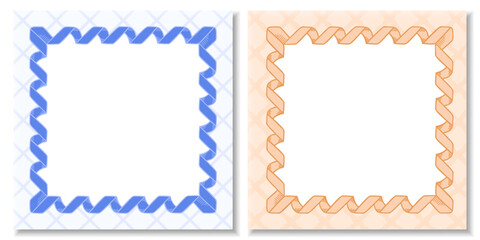 Set of two decorative ribbon frames in blue and orange with soft geometric backgrounds. Elegant vector templates for cards, invitations, and packaging design.