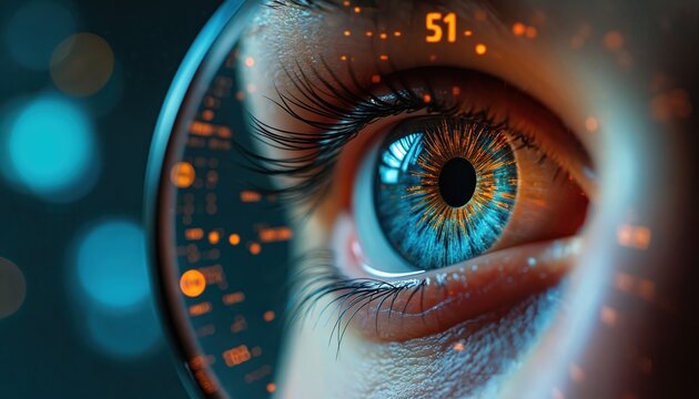 Macro view of human eye with cybernetic iris, observing digital code through a magnifying lens. Futuristic technology, data analysis, AI vision, and network security concepts.