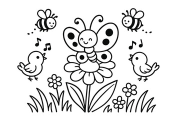 Butterfly and Garden Friends. Cute butterfly resting on a flower surrounded by grass, bees, and little birds singing, black and