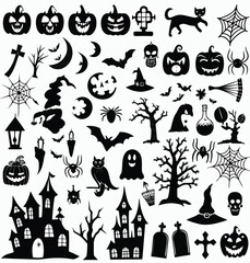 Naklejka premium Spooky Halloween Icons Pack: Pumpkins, Bats, Witch Hats, Spider Webs, Haunted House - Top DIY Decor Ideas for 2025