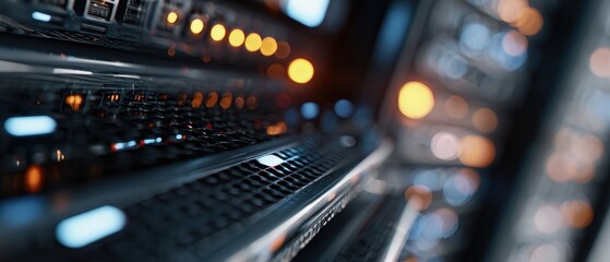 Futuristic server room with glowing lights and complex hardware Concept of data center, cloud computing, and information technology infrastructure