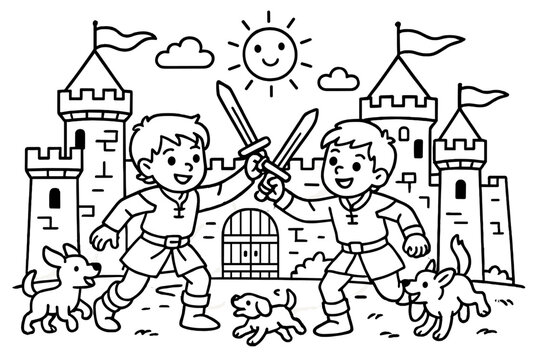 Squires' Playful Sword Training. Playful squires training with wooden swords in the castle yard with dogs, flags, and smiling sun,