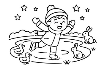 Child Skating with Animals. Happy child ice skating on a frozen pond with ducks, rabbits, and stars twinkling above, black and
