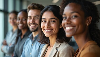 Smiling diverse group of professionals stand side-by-side in modern office. Men, women of different ethnicities show determination, confidence. Teamwork, collaboration, positive leadership define