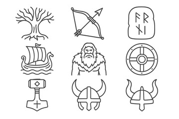 Fototapeta premium Nordic Myth Icons. Line style icons of Nordic Myth: Yggdrasil Trunk, Valkyrie Bow, Rune Tablet, Longship Sail, Frost Giant, Shield
