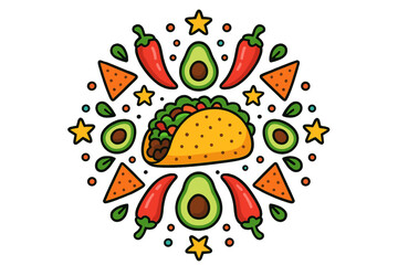 Mexican Food Mandala. Taco in the middle with chili peppers, nachos, avocados, and stars radiating outward in Mexican mandala