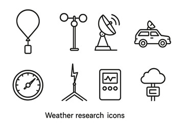 Obraz premium Weather Research Icons. Line style icons of Weather Research: Weather Balloon, Anemometer, Radar Dish, Storm Chaser, Barometer,