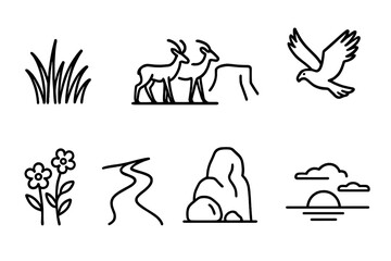 Grassland Plateau Icons. Line style icons of Grassland Plateau: Tall Grass, Herd of Antelope, Cliff, Hawk, Wildflowers, Trail,