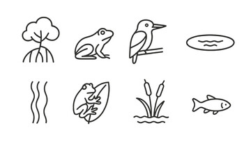 Naklejka premium Tropical Wetland Icons. Line style icons of Tropical Wetland: Mangrove, Frog, Kingfisher, Standing Water, Liana, Leaf Frog, Reeds,