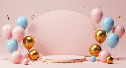 Pink and blue balloons with gold confetti surround a blank oval podium on a pink background