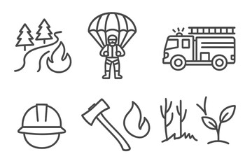 Wildfire Prevention Icons. Line style icons of Wildfire Prevention: Firebreak, Smoke Jumper, Fire Truck, Burned Forest, Helmet,