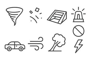 Obraz premium Tornado Chasing Icons. Line style icons of Tornado Chasing: Funnel Cloud, Debris, Storm Cellar, Warning Siren, Car, Wind, Tree,